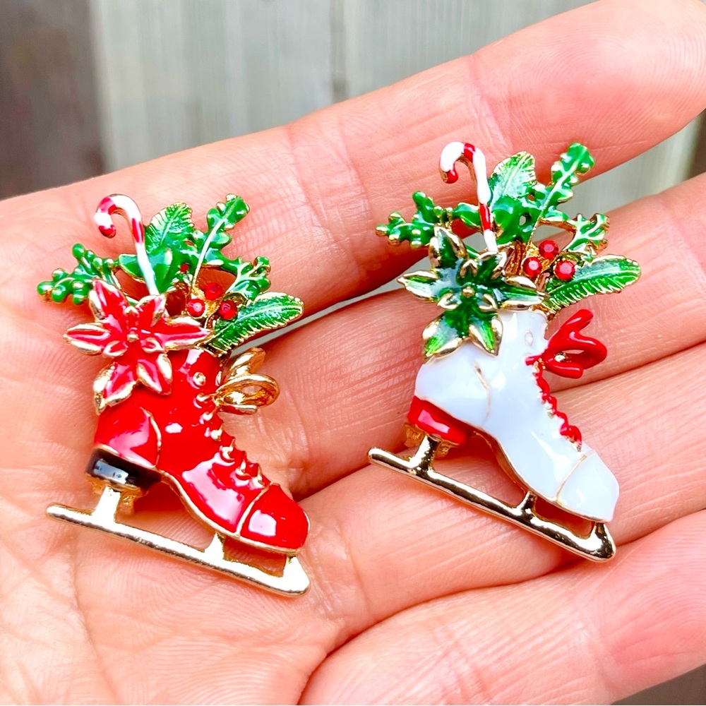 Pair of Christmas Brooch Ice Skate Brooch Red Ice Skate Pin Christmas Pin